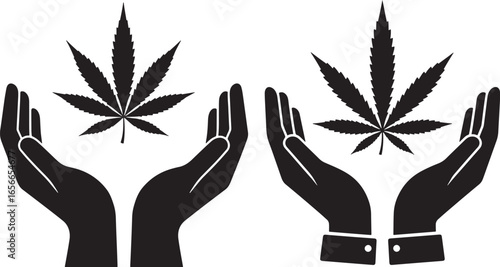 Two pairs of hands holding cannabis leaves silhouette