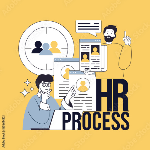 Human resources concept for modern web design. People searching best cv online for recruiting applicants, researching resume to open contract position, meeting with candidates. Vector illustration.