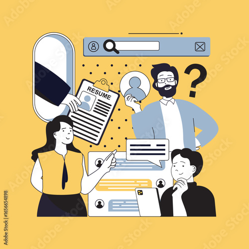 Human resources concept for modern web design. People searching cv online, recruiting applicants, researching resume to open position, doing job interview for fill office staff. Vector illustration.