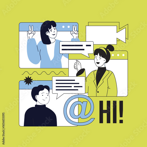 Lets talk concept for modern web design. People communicating online, sending emails, meeting by video call in group chat, answering calls and speaking with virtual friends. Vector illustration.