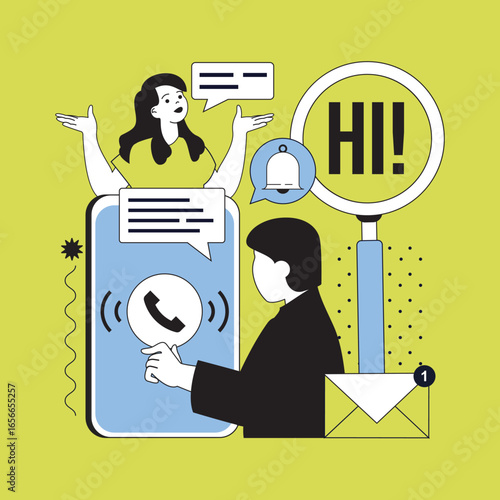 Lets talk concept for modern web design. People communicating online, gets notifications about new emails, answering messages and calls, connecting with friends in mobile app. Vector illustration.