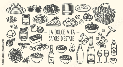La Dolce Vita. Summer. Italy. Hand drawn vector illustration set of Italian picnic food, wine, pasta, cheese, and olives for travel posters, food packaging, blog graphics, and rustic branding.
