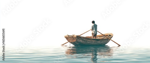 A lone man rows a wooden boat on calm water