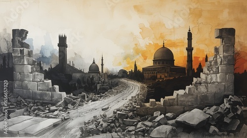 Old Ruins at Sunset with Mosque Silhouette