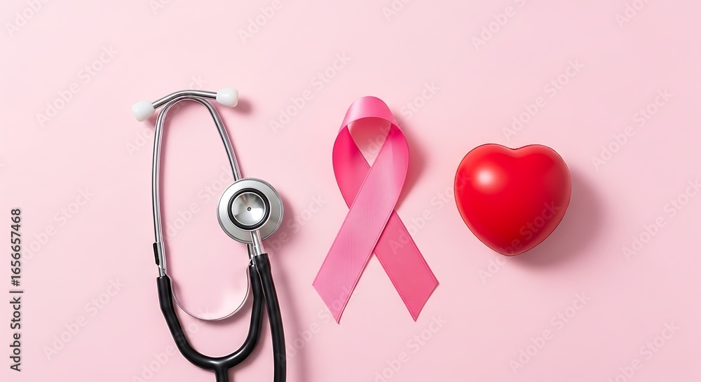 Fototapeta premium Health Awareness and Compassion in Medicine: A Stethoscope, Pink Breast Cancer Awareness Ribbon, and a Red Heart Symbolizing Love and Care for Patients in a Soft Pink Background