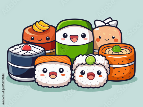 Cute and Colorful Sushi Cartoon Characters with Happy Faces on a Light Blue Background