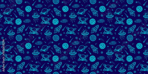 doodle space pattern background. Space background. Seamless pattern with cartoon space rockets, planets, stars. space element seamless pattern background.
