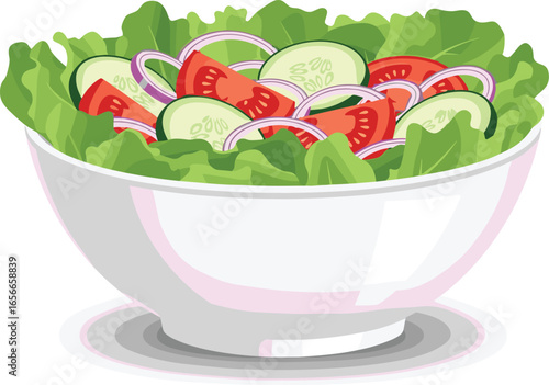 Fresh vegetable salad in white bowl with lettuce, tomato, cucumber, onion, healthy food illustration, vegetarian meal concept design, diet