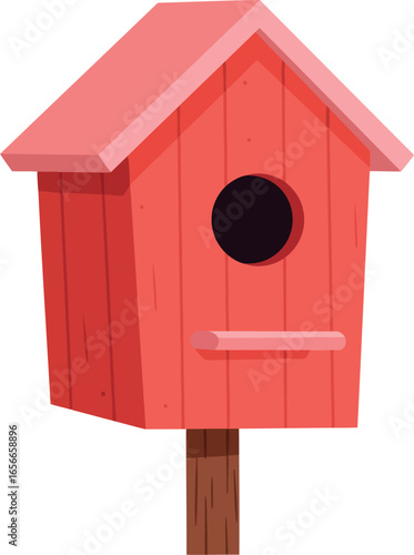 Charming cartoon illustration of a bright red wooden birdhouse mounted on a simple wooden post against a clean white background