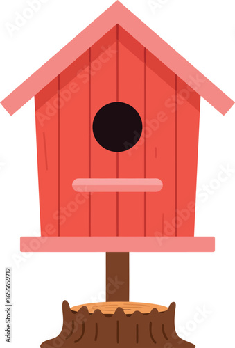 Charming red wooden birdhouse with perch and round entrance hole mounted on a post with a decorative base