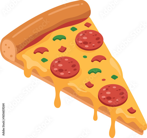 Delicious slice of pepperoni pizza with melted cheese dripping down on a white background