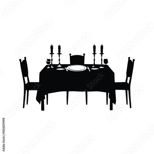 Formal dining table setting silhouette with place setting and candelabras, dining table silhouette vector illustration