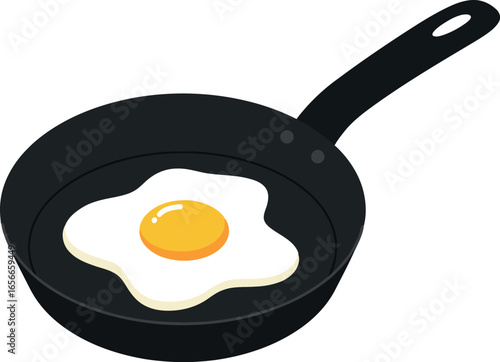 A single fried egg cooking in a black cast iron skillet on a white background a simple breakfast illustration