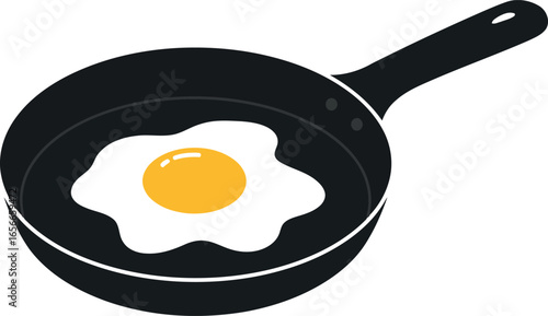 A perfectly cooked fried egg with a bright yellow yolk sits in a black nonstick frying pan on a white background