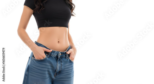 A woman proudly displays her weight loss achievements by holding up her oversized jeans. This image represents health, fitness, and success in a body transformation journey. Wellness and diet programs