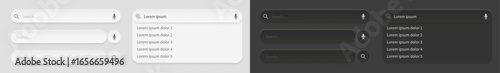 Vector search bar UI kit in light and dark neumorphic style with microphone and magnifying glass icons, dropdown results and rounded input fields for modern web, mobile apps, and interface design