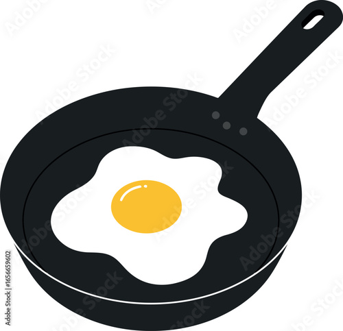 A perfectly fried egg with a bright yellow yolk cooks in a black frying pan on a white background