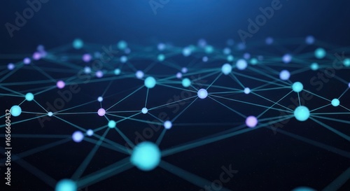A network of interconnected lines and dots on a dark blue background.