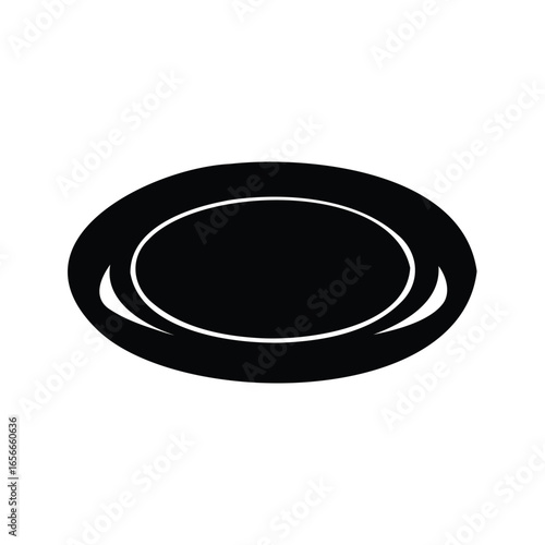 Monochrome illustration of an oval shaped plate with double rim design, plate silhouette vector illustration