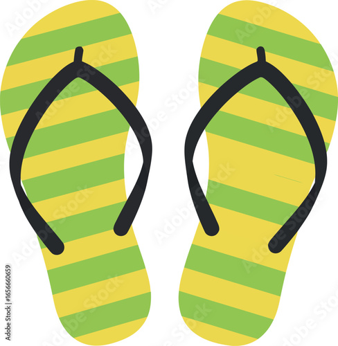 Bright yellow and green striped flip flops with black straps isolated on a white background evoking summer fun and beach relaxation