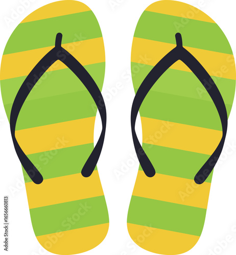 A pair of vibrant green and yellow striped flip flops isolated on a white background perfect for summer and beach themes
