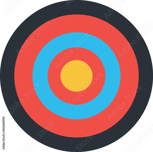 A vibrant flat design illustration of a classic archery target with concentric circles of red blue and yellow against a white background