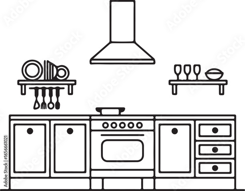 Simple Line Art Illustration of a Modern Kitchen Counter with Appliances and Shelves