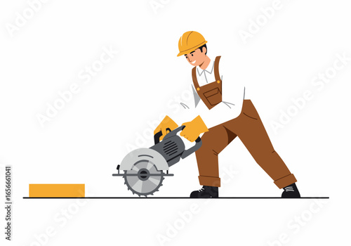 A construction worker with a circular saw cuts a wooden plank while wearing a hard hat and gloves