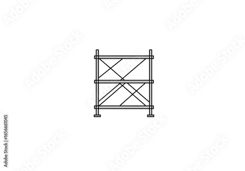 A gray twotiered scaffolding structure with cross braces and square feet on a white background