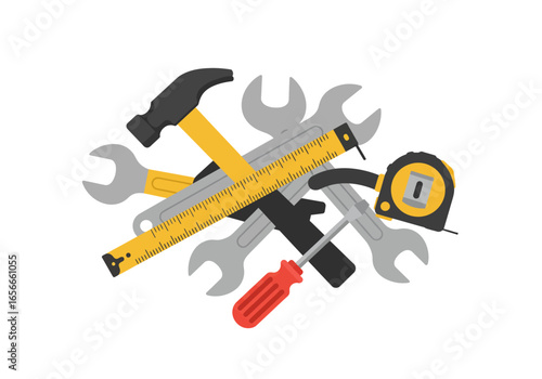 A flat vector art tools pile features wrenches a hammer a measuring tape a ruler and a screwdriver