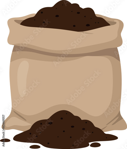 A burlap sack filled with rich dark soil and a pile of dirt spilling out onto a white background