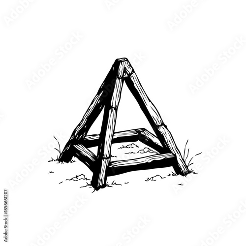 Rustic wooden triangular structure on the ground showcasing craftsmanship and elemental nature depiction of a sturdy pyramid