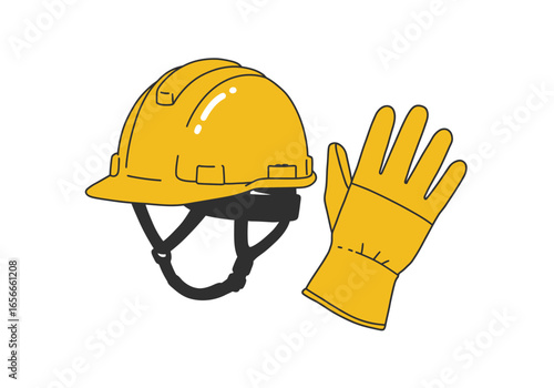 An illustration of a yellow hard hat with black chin strap and a yellow work glove