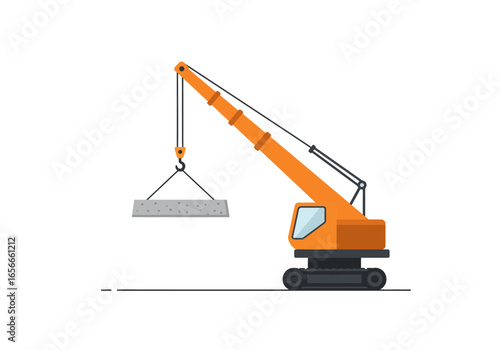 An orange crane lifting a concrete slab in a simplistic illustrative style on a white background