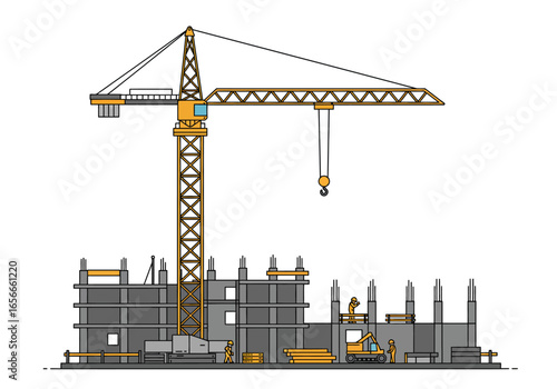 Building construction site view with a tall crane several construction workers and unfinished building sections