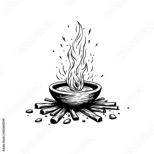 Mystical flame in a bowl on wooden logs, a serene ritualistic depiction of warmth and enlightenment source