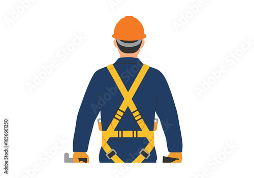 Back view of worker in hardhat harness  work suit