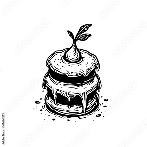 Minimalist illustration of a delectable dessert cake with drip topping and plant garnish decoration for creative design projects