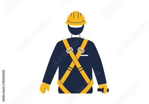 Cartoon illustration of a worker wearing a yellow hard hat gloves and safety harness