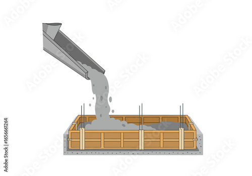 Concrete being poured into a wood form with rebar