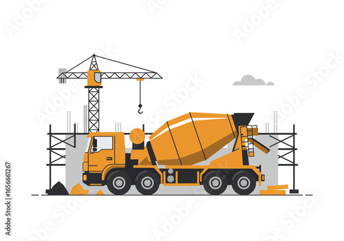 Cement truck beside a crane scaffolding and gray walls at a construction site
