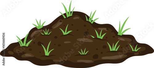 A small mound of rich dark soil with green grass sprouts emerging from the surface against a white background