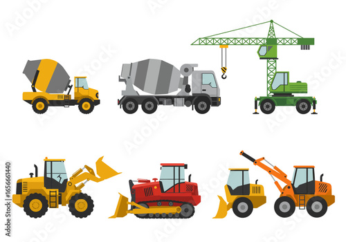 Construction vehicles cement mixers cranes bulldozers  loaders