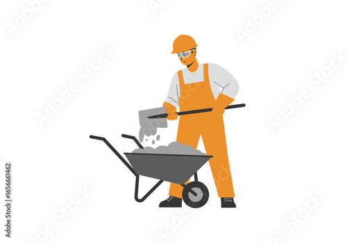 Construction worker in orange overalls fills a gray wheelbarrow with concrete using a trowel wearing a hard hat and safety glasses