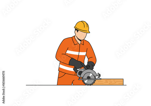 Construction worker using a circular saw on lumber wearing safety gear
