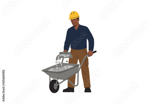 Construction worker wearing a hardhat moving a wheelbarrow with cement