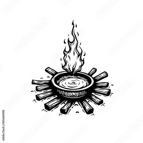 Mystical burning potion illustration evoking folklore traditions and enchantment with flames representing alchemy symbolisms offering mysterious energy