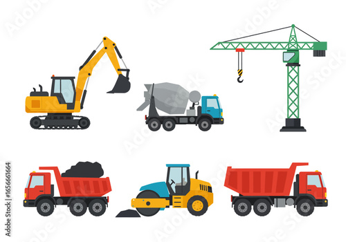 Six construction vehicles excavator cement mixer crane dump trucks and steamroller are displayed