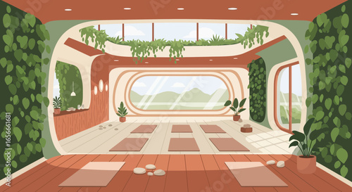 A serene vector illustration of a yoga studio with natural light and greenery