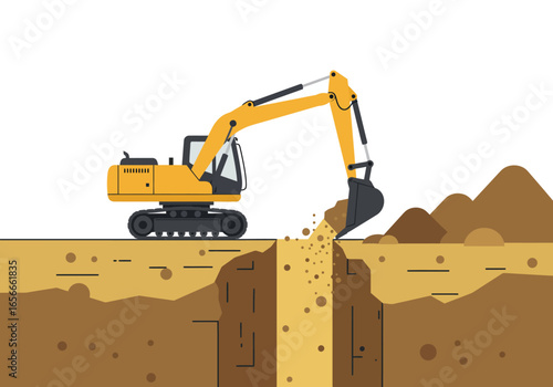 Yellow excavator digging a deep trench in the ground creating a pile of dirt